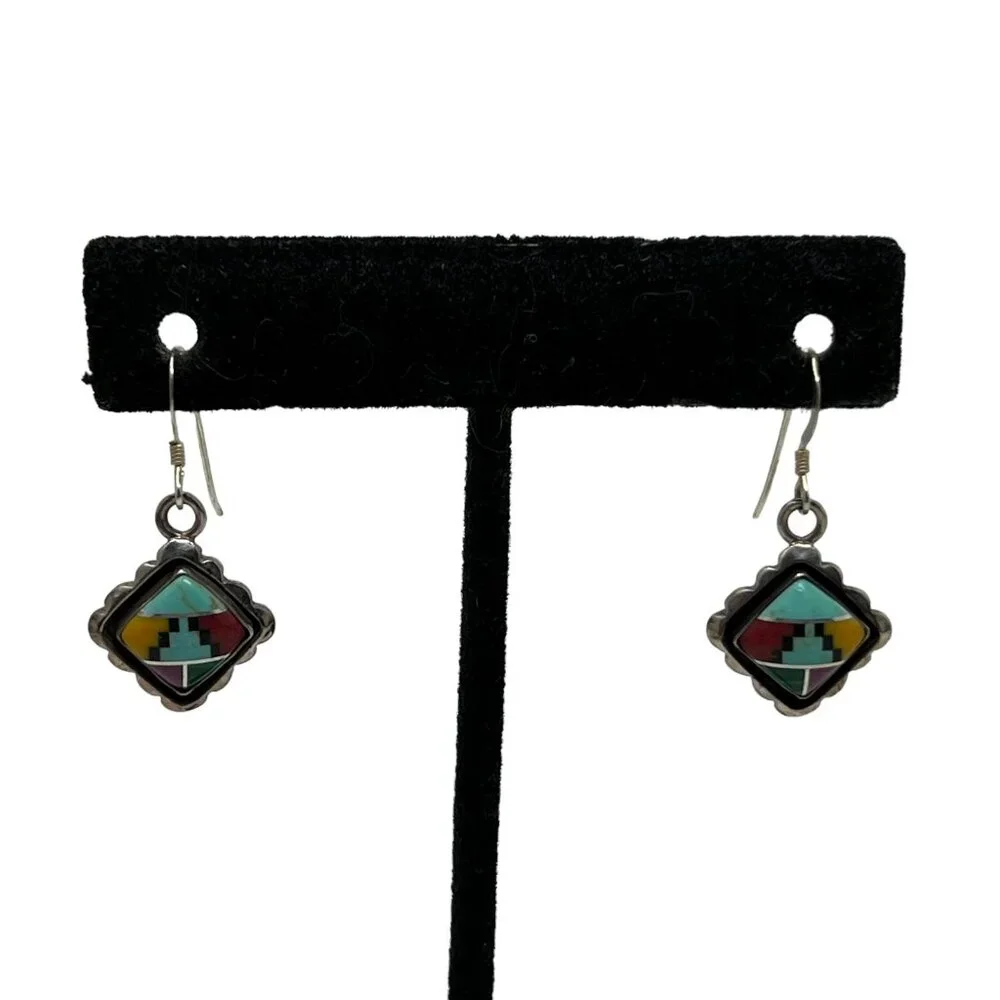 Vintage Southwestern Earrings Sterling Multi‎ Stone Inlaid Turquoise Carnelian
